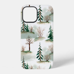 Coque iPhone 12 Motif avec sapins de Noël, arbres et buissons. Fl
