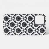 Coque iPhone 12 Motif Damassé Rococo Noir sur Blanc (Verso Horizontal)