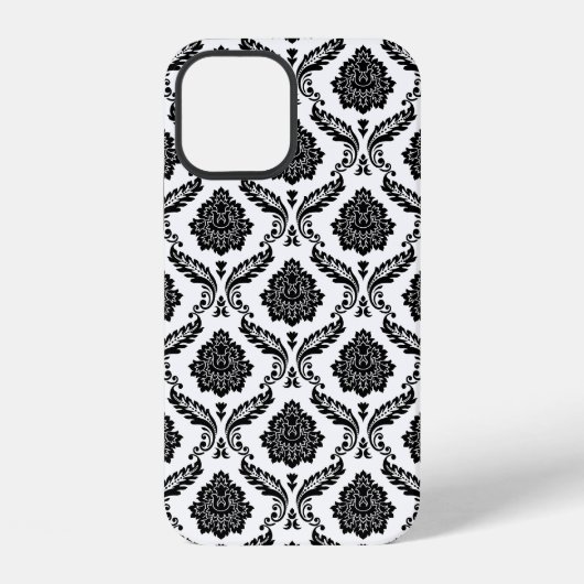 Coque iPhone 12 Motif Damassé Rococo Noir sur Blanc (Verso)