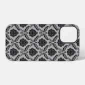 Coque iPhone 12 Motif Damassé Rococo Noir sur Gris (Verso Horizontal)