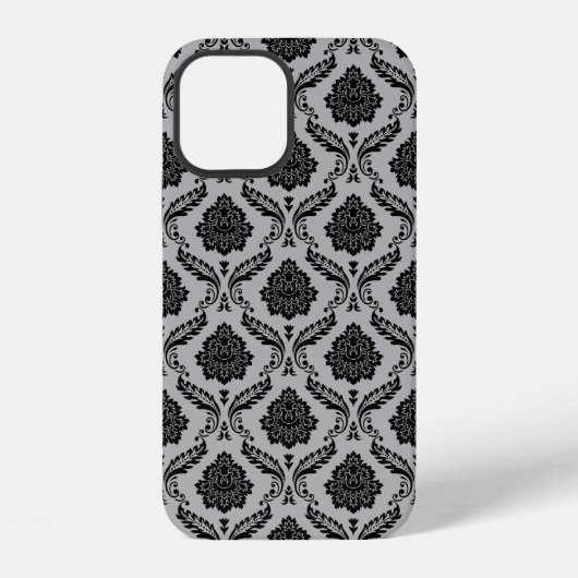 Coque iPhone 12 Motif Damassé Rococo Noir sur Gris (Verso)