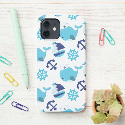 Coque iPhone 12 Motif De Baleines, Beaux Baleines, Baleines Bleues (Sur le bureau)