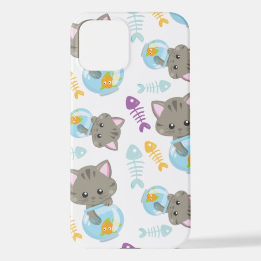 Coque iPhone 12 Motif De Chats, Chats Mignons, Chatons, Poisson (Verso)