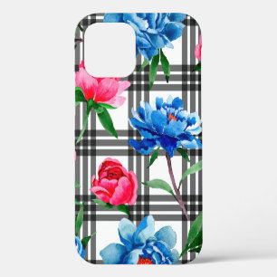 Coque iPhone 12 Motif de fleurs de pivoines rouges et bleues de fl