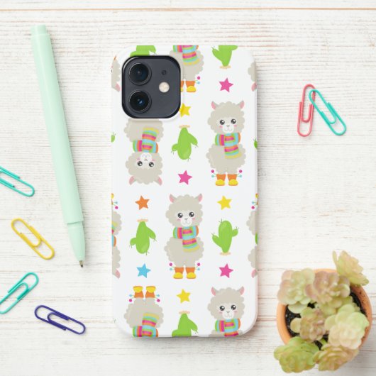 Coque iPhone 12 Motif De Llamas, Cute Llamas, Alpacas, Cactus (Sur le bureau)