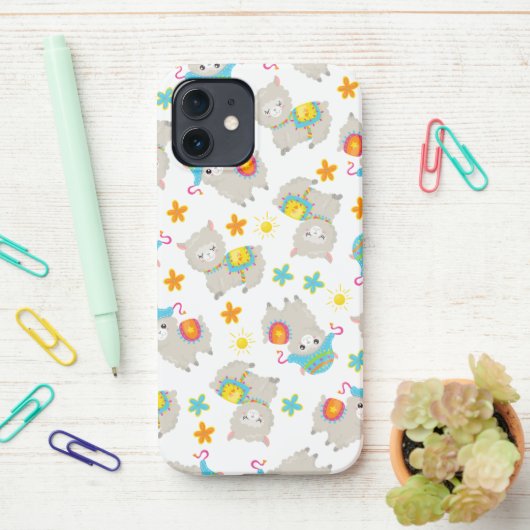 Coque iPhone 12 Motif De Llamas, Cute Llamas, Alpacas, Fleurs (Sur le bureau)
