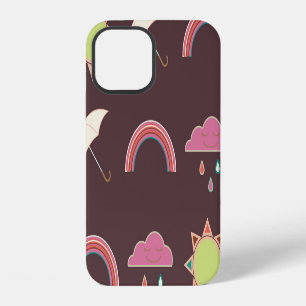 Coque iPhone 12 Motif de nuages, pluie, soleil, parapluie.