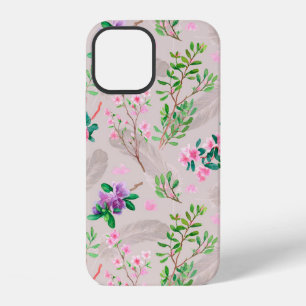 Coque iPhone 12 Motif délicat avec fleurs de rhododendron et plume