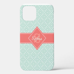 Coque iPhone 12 Motif diamant corail et menthe personnalisé