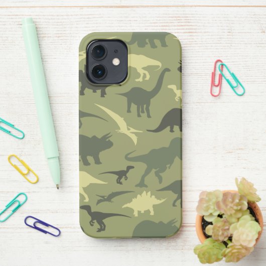 Coque iPhone 12 Motif Dinosaure, Silhouette Dinosaure, Dino Vert (Sur le bureau)