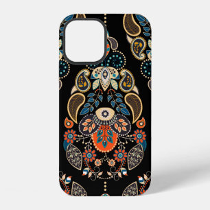 Coque iPhone 12 Motif floral à Paisley sans couture. Fond sombre a