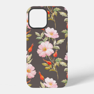 Coque iPhone 12 Motif floral aquarelle d'églantier et baie rouge