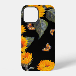 Coque iPhone 12 Motif floral sans couture tournesols sur fond noir