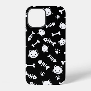 Coque iPhone 12 Motif joli chat blanc sur fond noir os poisson emp