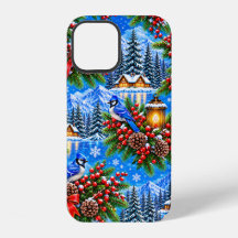 Motif Noël Paysage d'Hiver Oiseaux et Baies