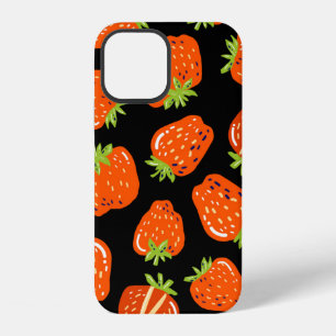 Coque iPhone 12 Motif sans couture avec petites fraises sur noir