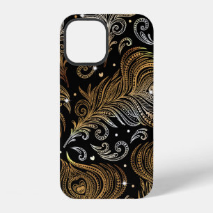 Coque iPhone 12 Motif sans couture avec plumes de paon. Dessin à m