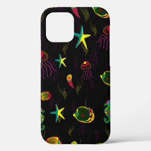 Coque iPhone 12 Motif sans couture de poissons jaunes, noirs et br