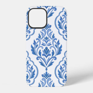 Coque iPhone 12 Motif sans couture vintage damassé bleu et blanc.