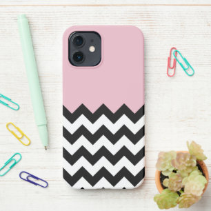 Coque iPhone 12 Motif Zigzag noir et blanc, Chevron, rose