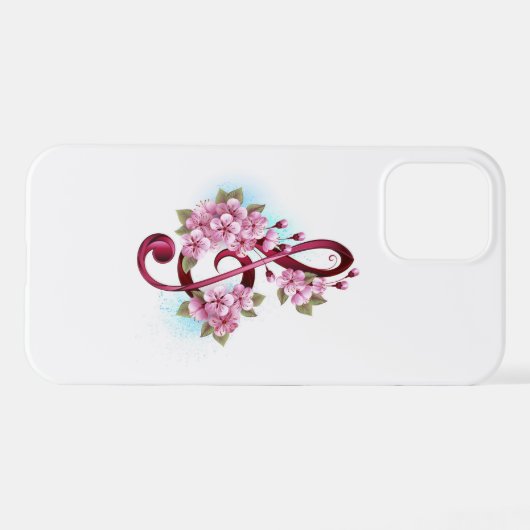 Coque iPhone 12 Musical treble clef notes with sakura flowers (Verso Horizontal)
