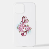 Coque iPhone 12 Musical treble clef notes with sakura flowers (Verso)