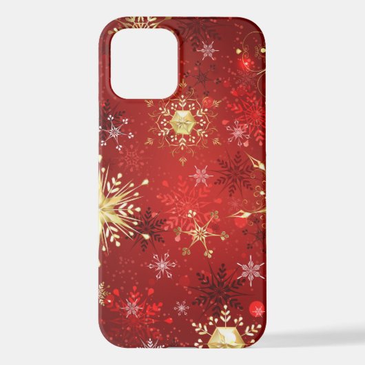 Coque iPhone 12 Noël Golden Snowflakes sur Arrière - plan rouge (Verso)