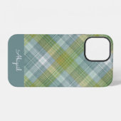 Coque iPhone 12 Nom élégant en script carreau sarcelle (Verso Horizontal)
