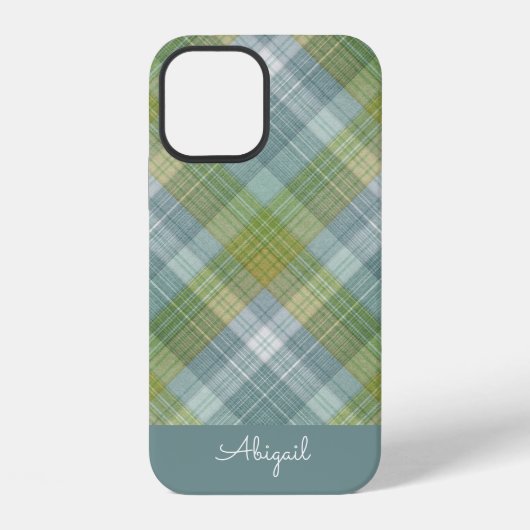 Coque iPhone 12 Nom élégant en script carreau sarcelle (Verso)