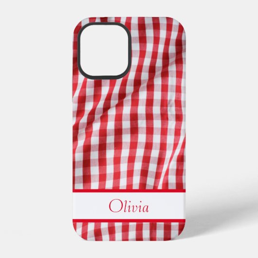 Coque iPhone 12 Nom Gingham Rouge Simple Moderne (Verso)