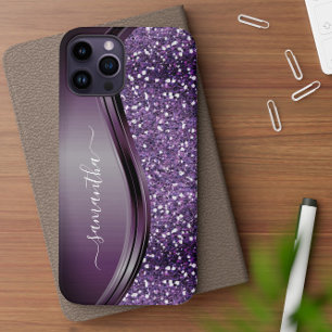 Coque iPhone 12 Nom manuscrit Glam Violet Paillettes Métal