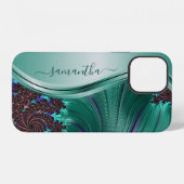 Coque iPhone 12 Nom manuscrit sarcelle fractal moderne (Verso Horizontal)