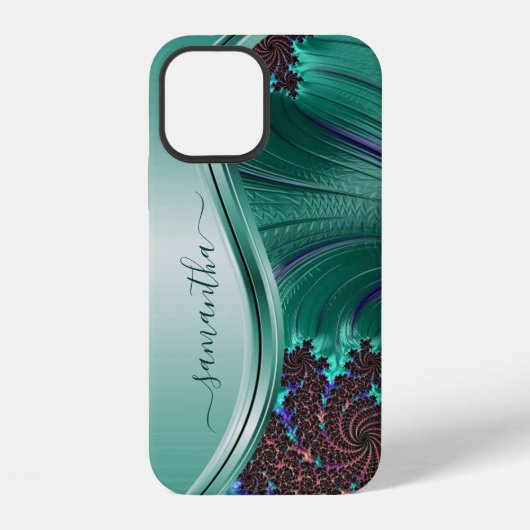Coque iPhone 12 Nom manuscrit sarcelle fractal moderne (Verso)