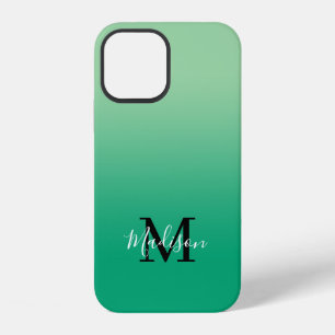 Coque iPhone 12 Nom moderne Monogramme Lumière au dégradé vert fon