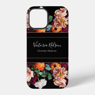 Coque iPhone 12 Nom Monogramme Élégant Floral Rustique Noir