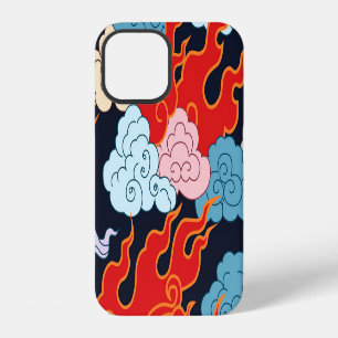 Coque iPhone 12 Nuages, Flammes : motif vintage noir.
