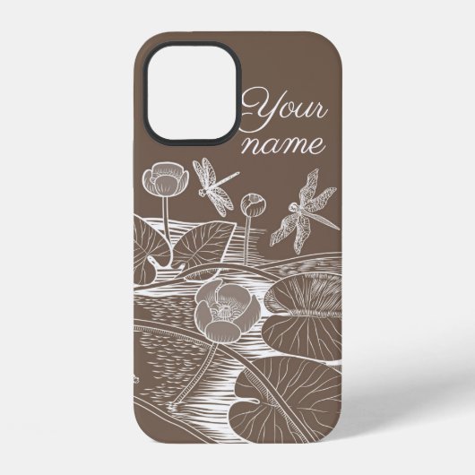 Coque iPhone 12 Nymphéas graphique marron (Verso)