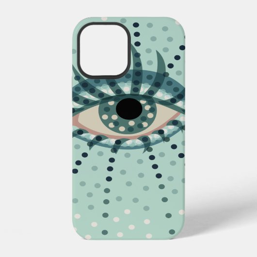 Coque iPhone 12 Oeil bleu étrange avec des points d'art psychédéli (Verso)