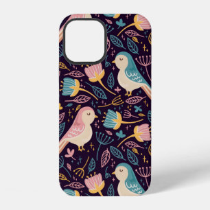 Coque iPhone 12 Oiseaux bleus et roses avec des fleurs et des feui