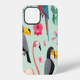 Coque iPhone 12 Oiseaux tropicaux, fleurs, motif d'aquarelle.