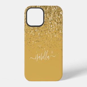 Coque iPhone 12 Or Moderne Paillettes Écriture Élégante
