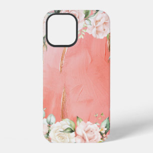 Coque iPhone 12 Or Rose Pêche Floral Aquarelle Élégant