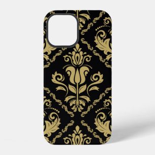 Coque iPhone 12 Ornement noir et doré sans couture de Damas. Tradi