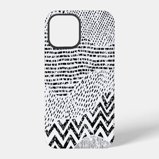 Coque iPhone 12 Ornement patchwork ondulé noir et blanc (Verso)