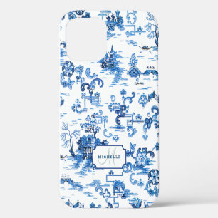 Coque iPhone 12 Pagode chinoise bleue et blanche personnalisable