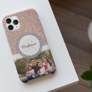 Coque iPhone 12 Paillettes de photo Rose Gold Monogramme Diamant