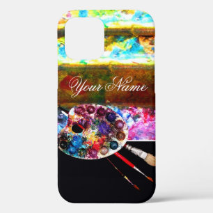 Coque iPhone 12 PALETTE DE COULEURS D'ARTISTE ET PINCEAUX ,Noir