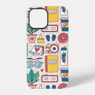 Coque iPhone 12 Papeterie de bureau. Motif sans couture, texture,