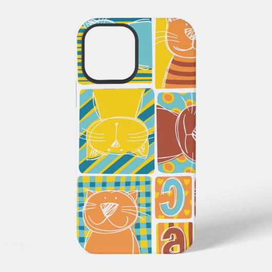 Coque iPhone 12 Papier peint en patchwork de tissu de chat drôle, (Verso)