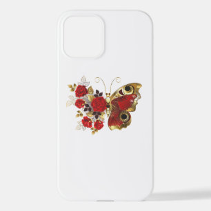 Coque iPhone 12 Papillon de fleurs rouges aux roses rouges